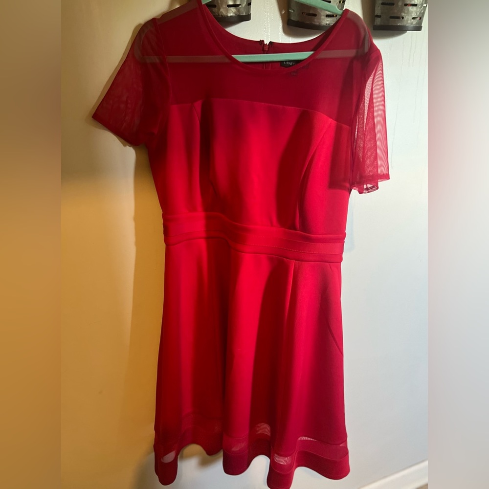 Lane Bryant Red Cocktail Dress. Stretchy material, chiffon sleeves
